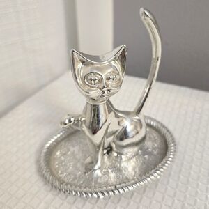 Vtg Cat Ring Holder Trinket Dish Silver Plate Sitting Kitty Figurine Vanity
